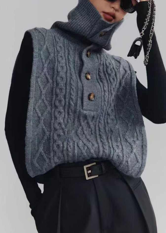 French Dark Gray Turtleneck Button Cable Knit Waistcoat Sleeveless Ada Fashion