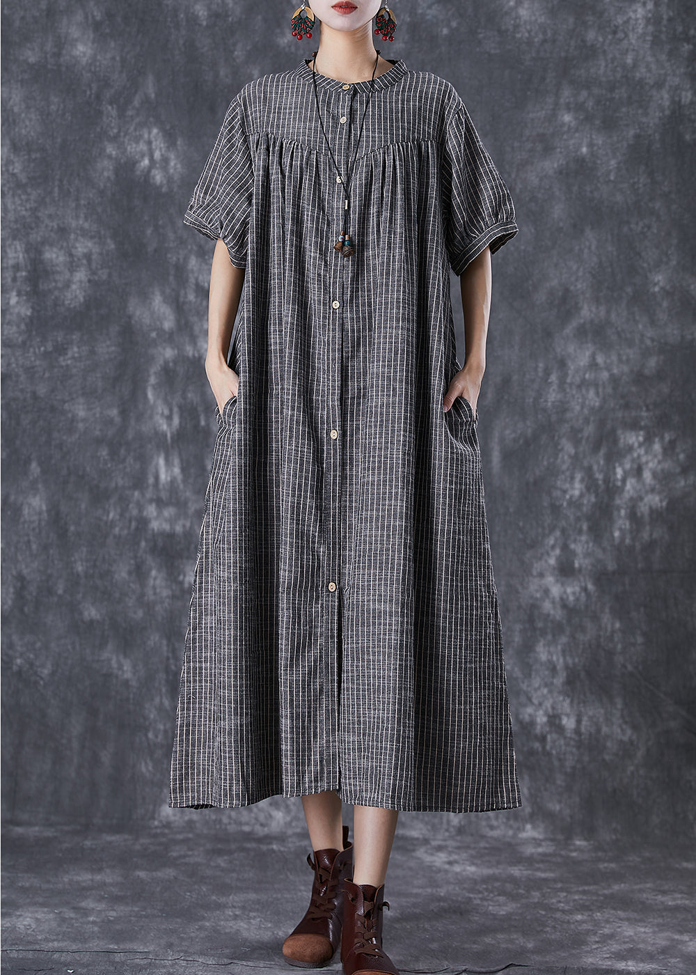 French Dark Grey Oversized Striped Linen A Line Dresses Summer TD1018 - fabuloryshop