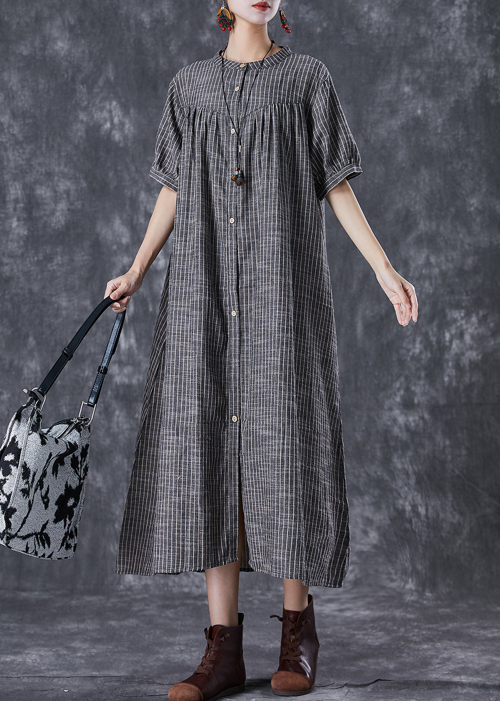 French Dark Grey Oversized Striped Linen A Line Dresses Summer TD1018 - fabuloryshop