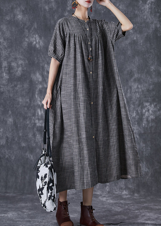 French Dark Grey Oversized Striped Linen A Line Dresses Summer TD1018 - fabuloryshop
