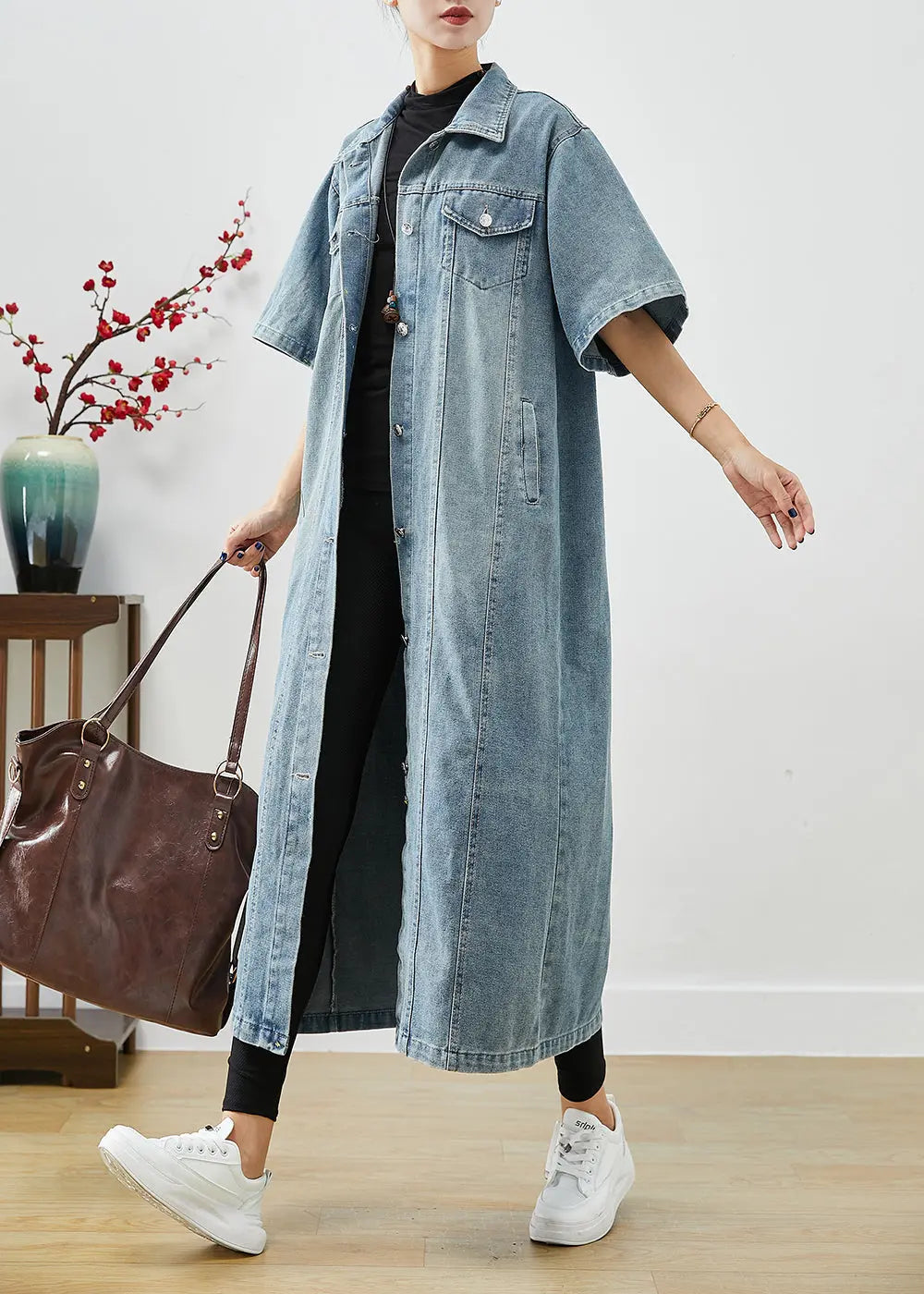 French Denim Blue Oversized Pockets Cotton Trench Short Sleeve Ada Fashion