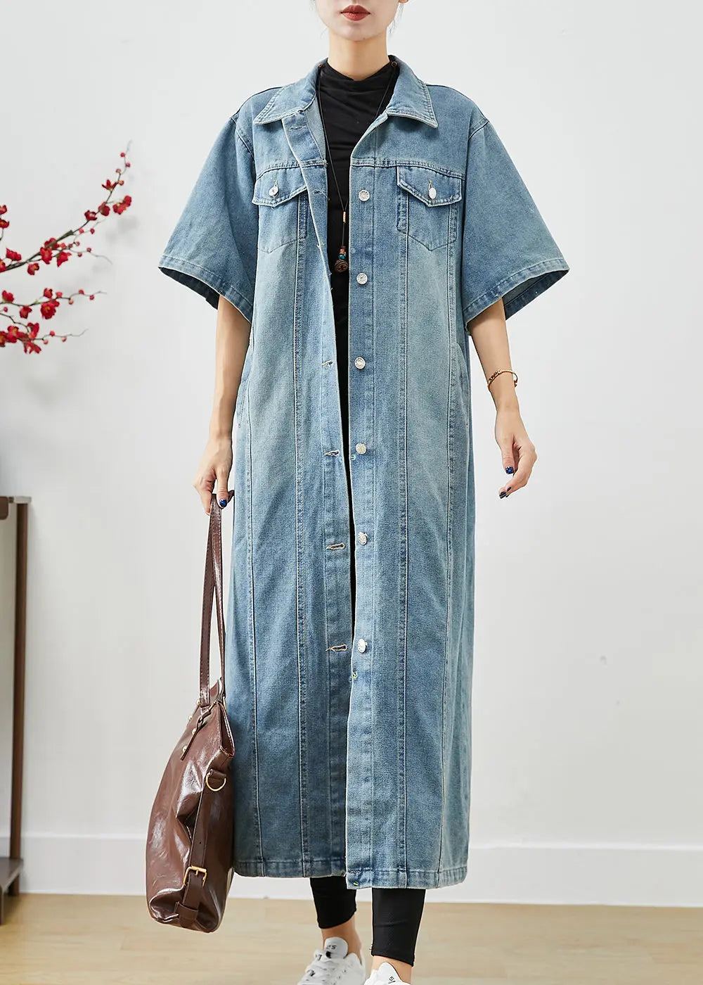 French Denim Blue Oversized Pockets Cotton Trench Short Sleeve Ada Fashion