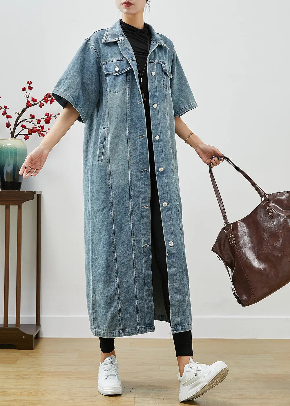 French Denim Blue Oversized Pockets Cotton Trench Short Sleeve Ada Fashion