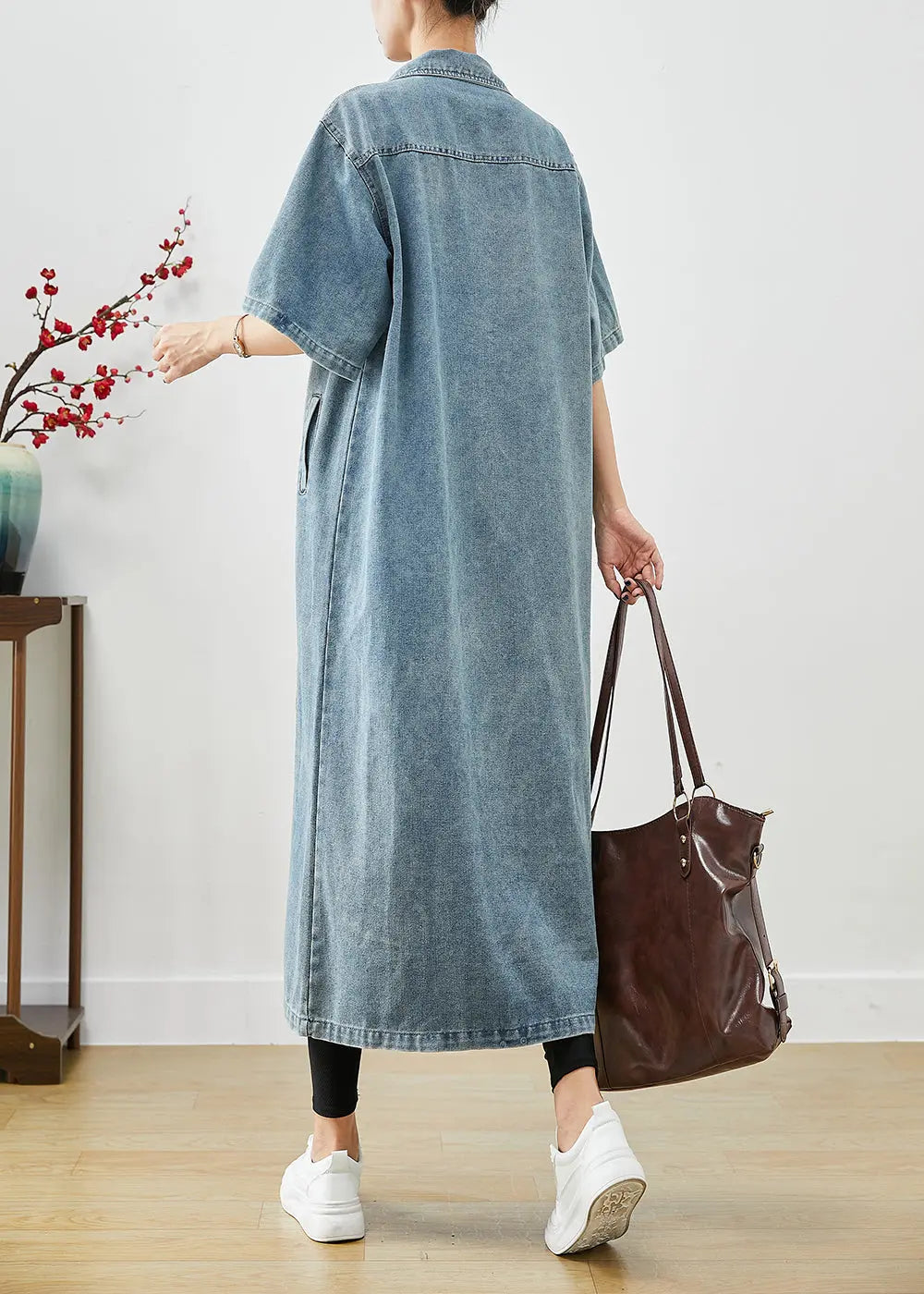 French Denim Blue Oversized Pockets Cotton Trench Short Sleeve Ada Fashion