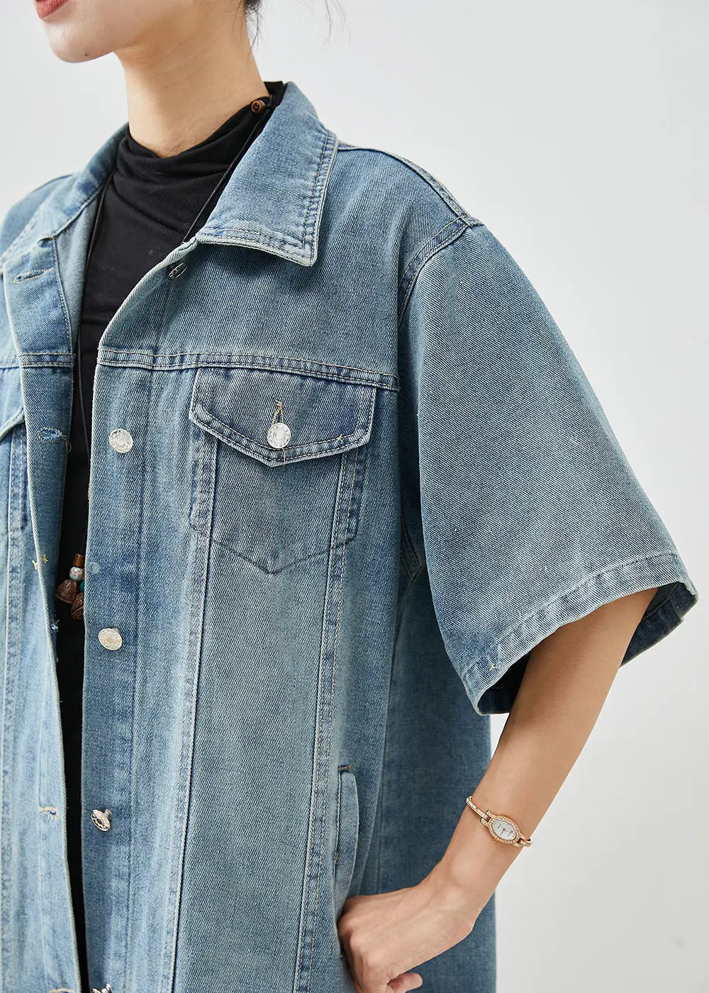 French Denim Blue Oversized Pockets Cotton Trench Short Sleeve Ada Fashion