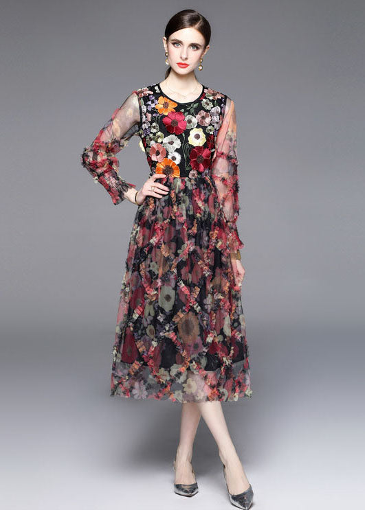 French Floral Embroideried Ruffled Patchwork Tulle Dresses Summer LY7383 - fabuloryshop