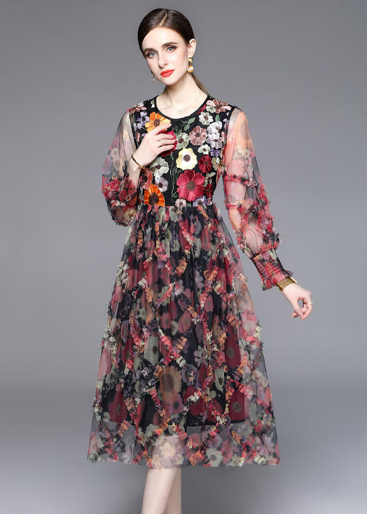 French Floral Embroideried Ruffled Patchwork Tulle Dresses Summer LY7383 - fabuloryshop