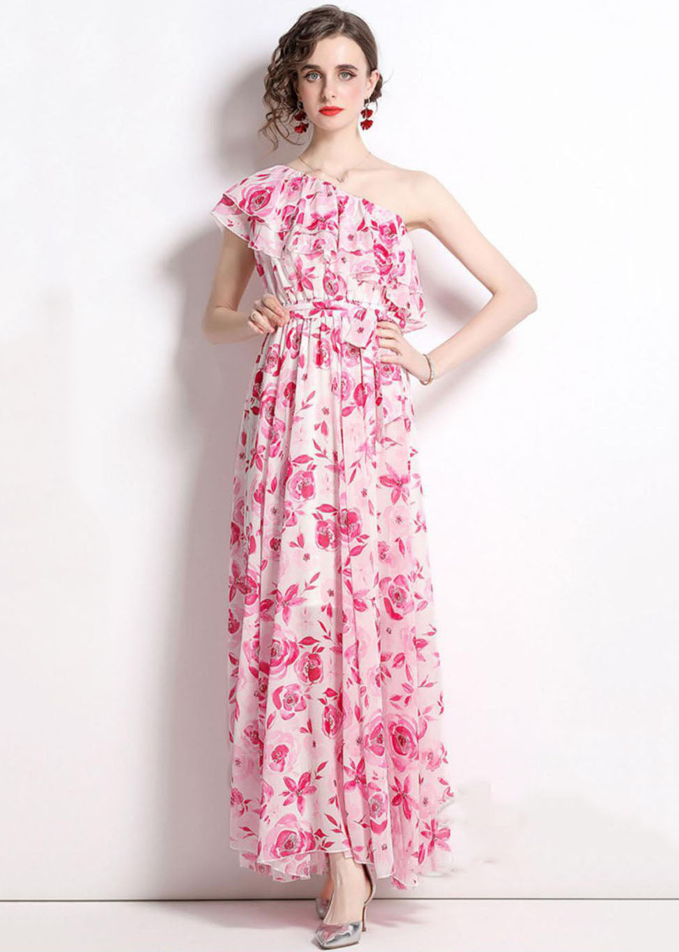 French Floral One-Shoulder Print Patchwork Chiffon Beach Dresses Summer LY7422 - fabuloryshop