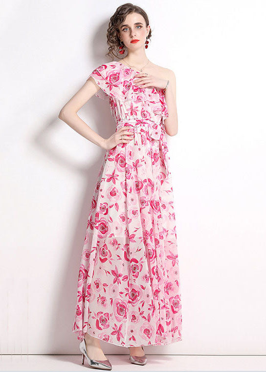 French Floral One-Shoulder Print Patchwork Chiffon Beach Dresses Summer LY7422 - fabuloryshop