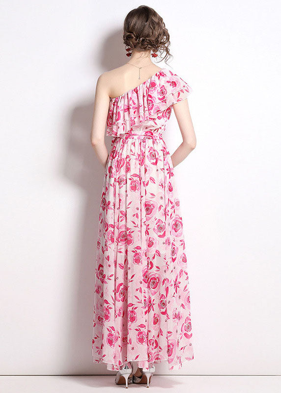 French Floral One-Shoulder Print Patchwork Chiffon Beach Dresses Summer LY7422 - fabuloryshop