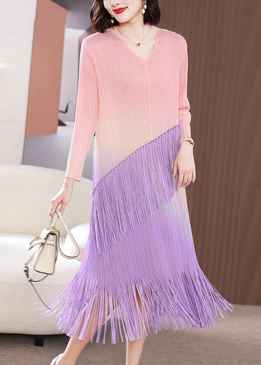 French Gradient Color V Neck Patchwork Tassel Nail Bead Long Dress Summer LY2743 - fabuloryshop
