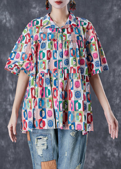 French Graffiti Print Oversized Wrinkled Cotton Blouses Summer LY7092 - fabuloryshop