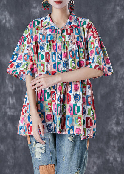 French Graffiti Print Oversized Wrinkled Cotton Blouses Summer LY7092 - fabuloryshop