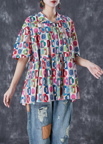 French Graffiti Print Oversized Wrinkled Cotton Blouses Summer LY7092 - fabuloryshop