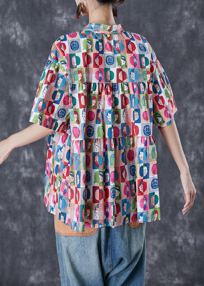 French Graffiti Print Oversized Wrinkled Cotton Blouses Summer LY7092 - fabuloryshop