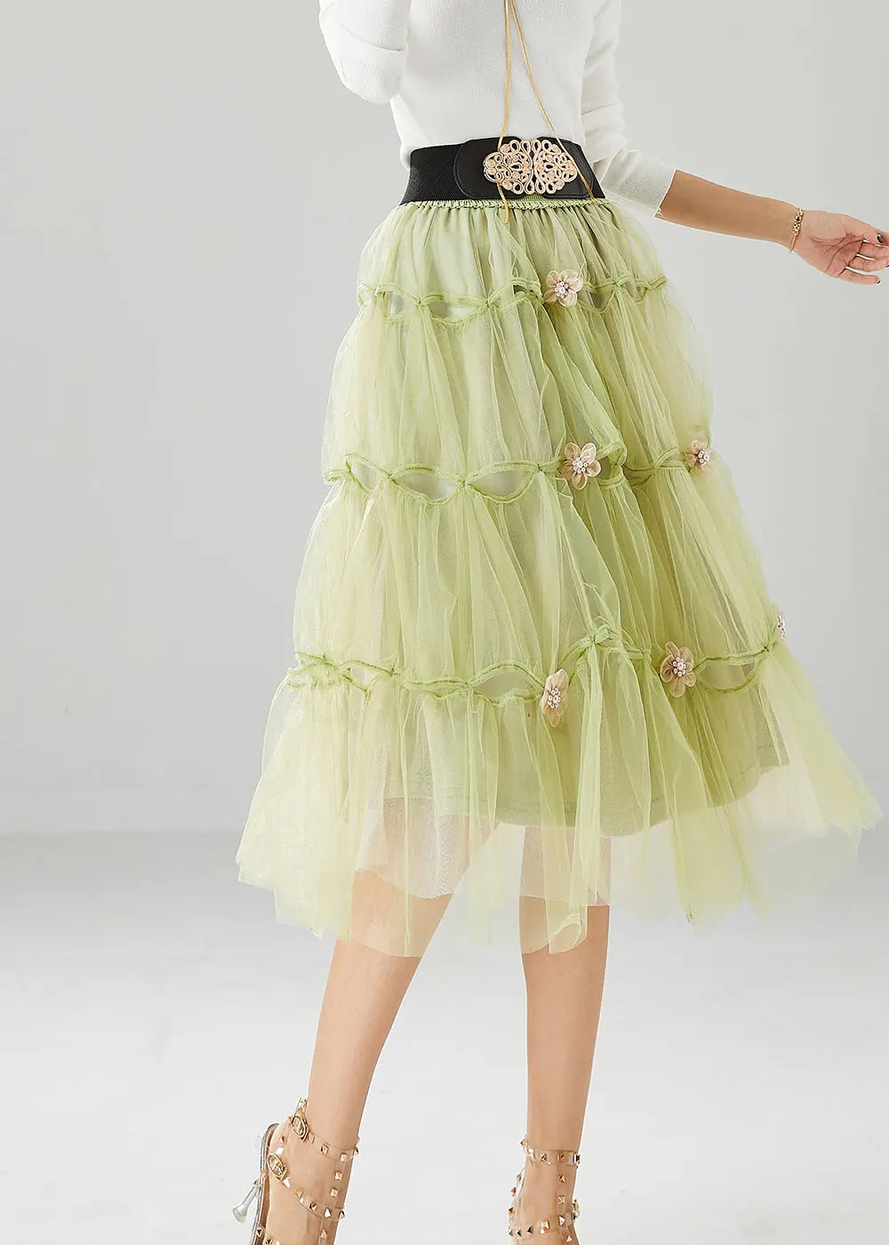 French Grass Green Floral Tulle Skirt Summer Ada Fashion