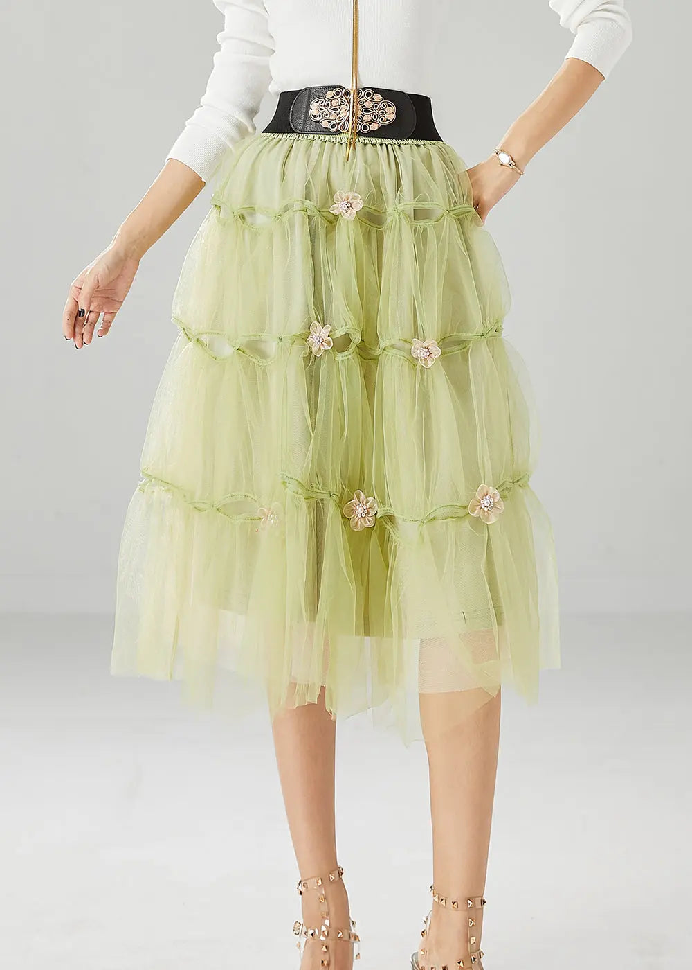 French Grass Green Floral Tulle Skirt Summer Ada Fashion