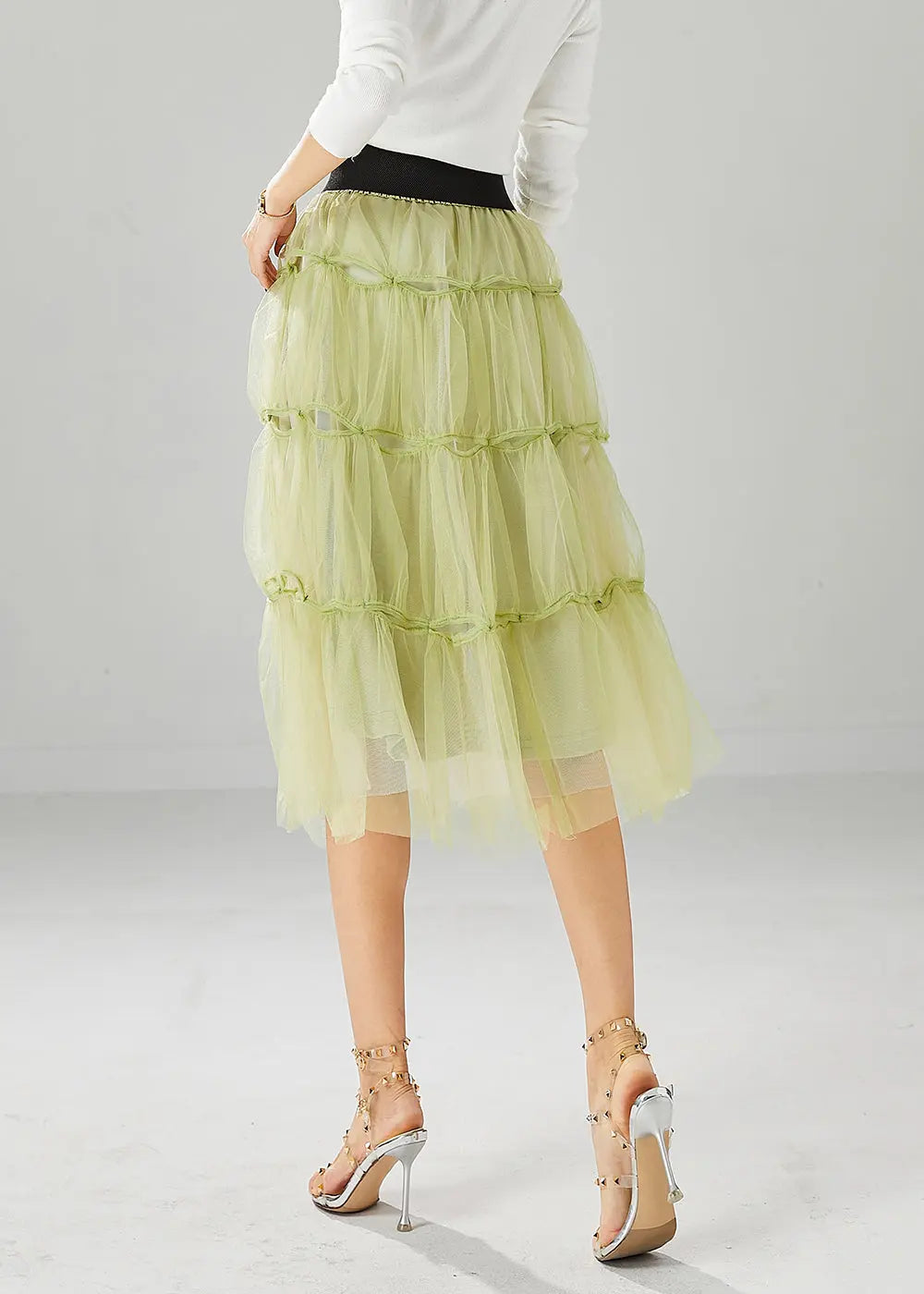 French Grass Green Floral Tulle Skirt Summer Ada Fashion