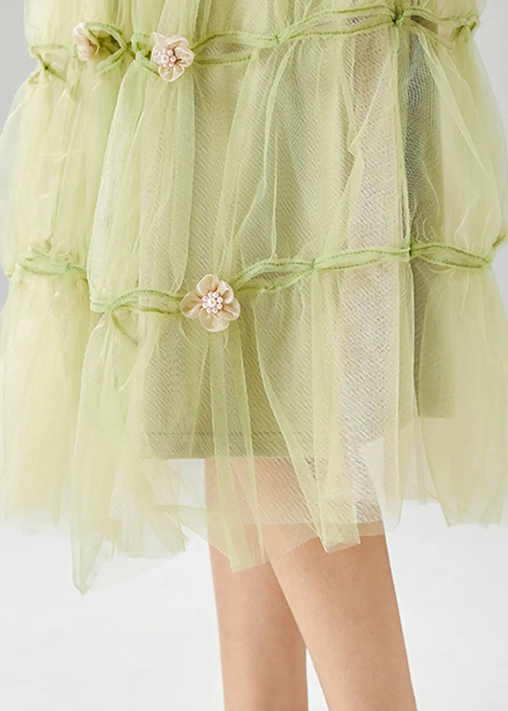 French Grass Green Floral Tulle Skirt Summer Ada Fashion