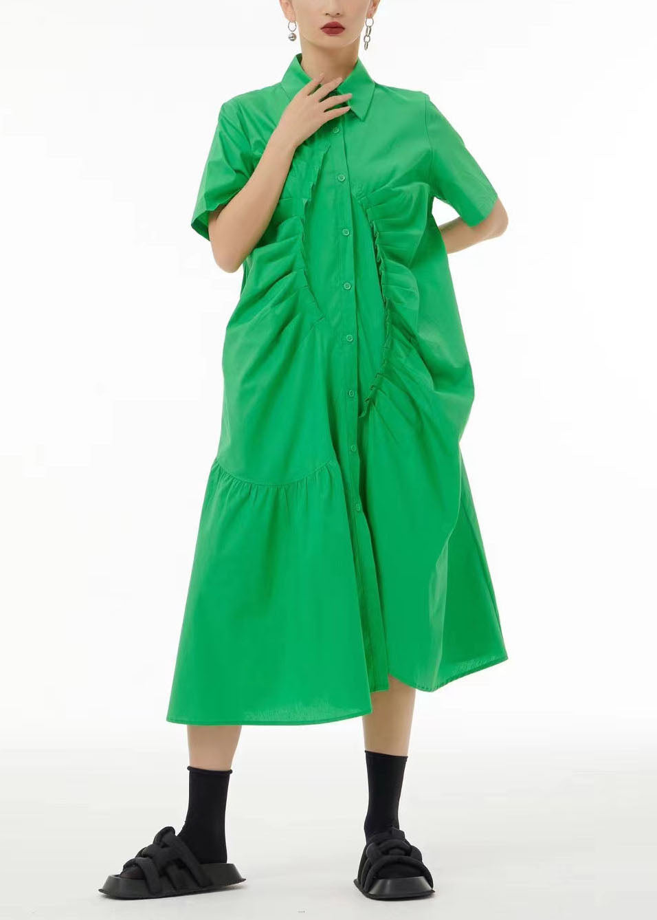 French Green Asymmetrical Wrinkled Cotton Robe Dresses Summer LC0158