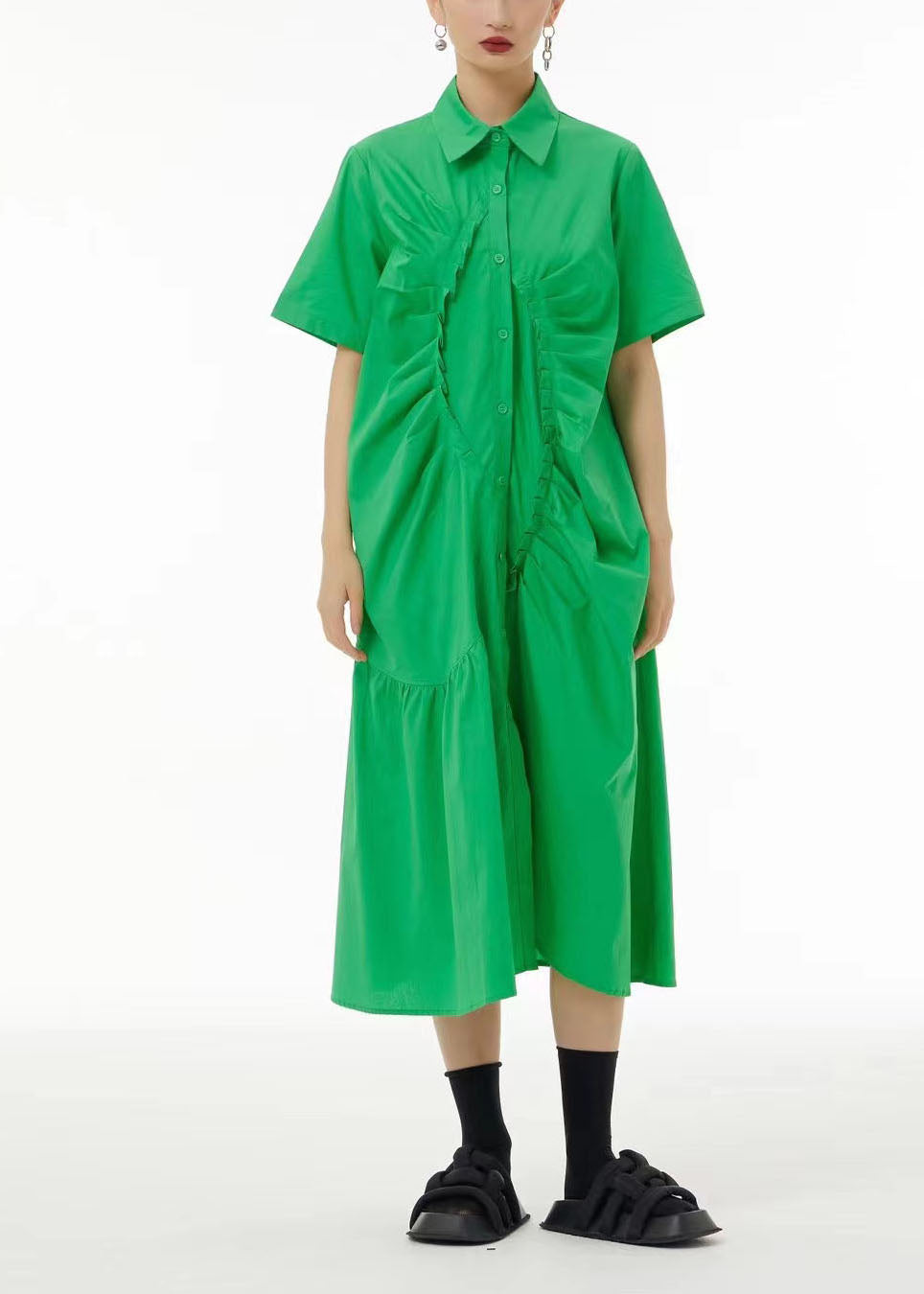 French Green Asymmetrical Wrinkled Cotton Robe Dresses Summer LC0158 - fabuloryshop