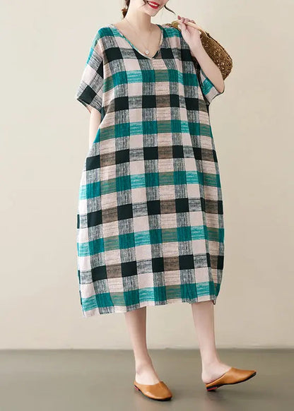 French Green Black Plaid Oversized Linen Dress Summer Ada Fashion