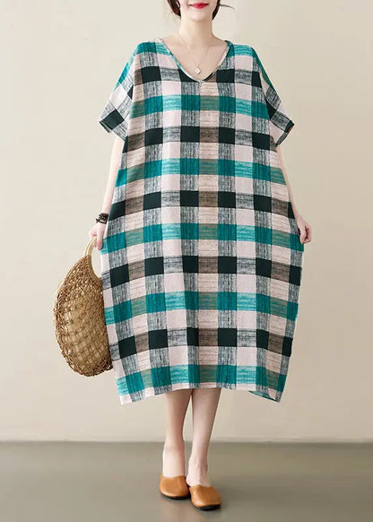 French Green Black Plaid Oversized Linen Dress Summer Ada Fashion