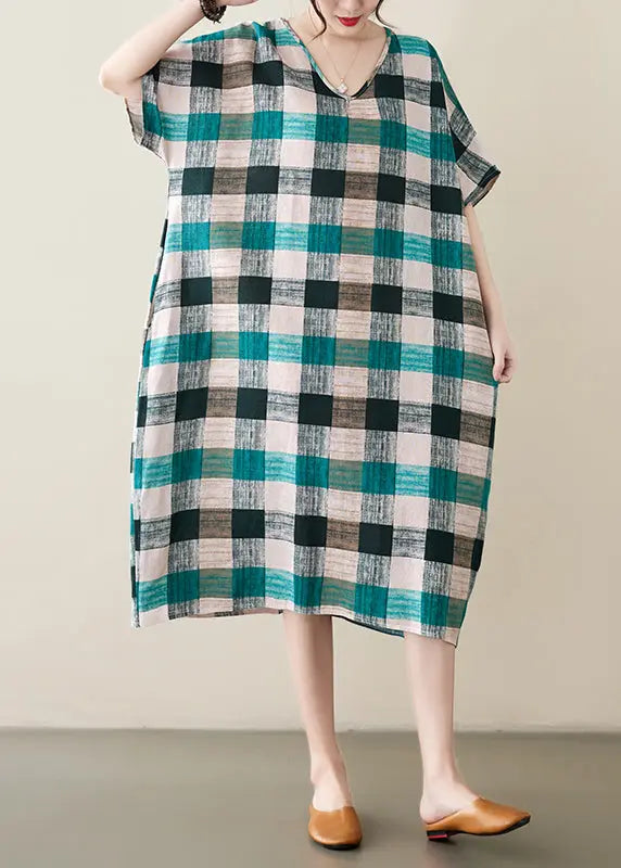 French Green Black Plaid Oversized Linen Dress Summer Ada Fashion