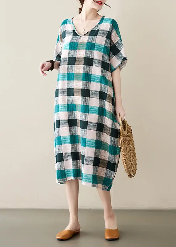 French Green Black Plaid Oversized Linen Dress Summer Ada Fashion