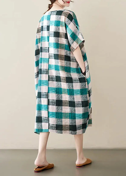 French Green Black Plaid Oversized Linen Dress Summer Ada Fashion