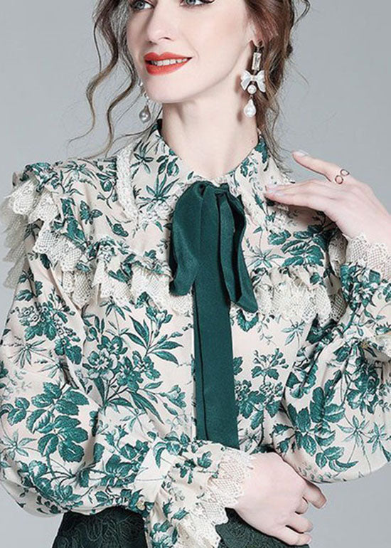 French Green Bow Lace Patchwork Print Silk Shirt Top Spring LY0391 - fabuloryshop