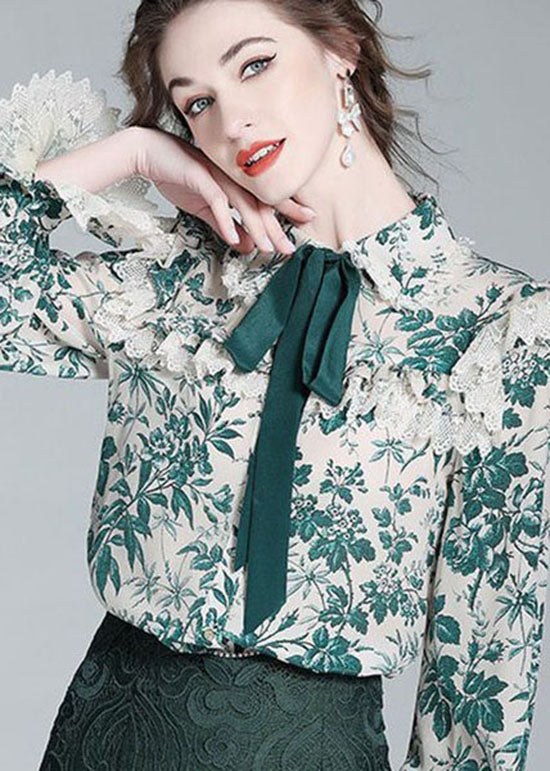 French Green Bow Lace Patchwork Print Silk Shirt Top Spring LY0391 - fabuloryshop