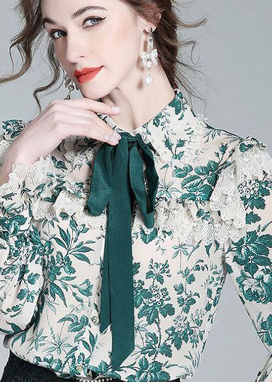 French Green Bow Lace Patchwork Print Silk Shirt Top Spring LY0391 - fabuloryshop