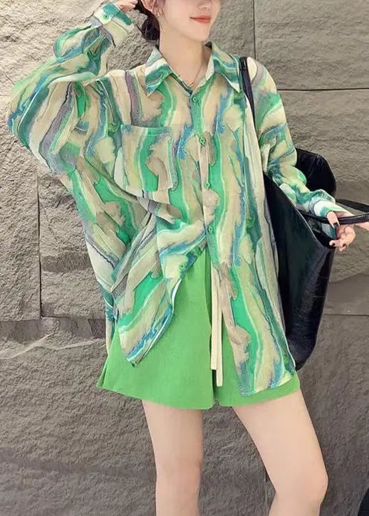 French Green Button Print Patchwork Chiffon Shirts Fall Ada Fashion