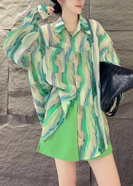 French Green Button Print Patchwork Chiffon Shirts Fall Ada Fashion