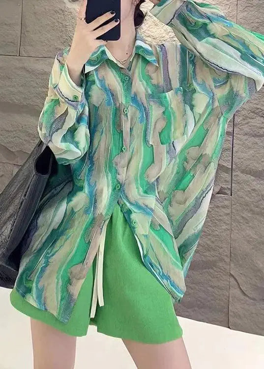 French Green Button Print Patchwork Chiffon Shirts Fall Ada Fashion