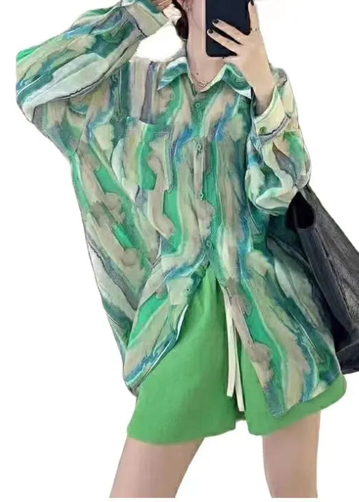 French Green Button Print Patchwork Chiffon Shirts Fall Ada Fashion