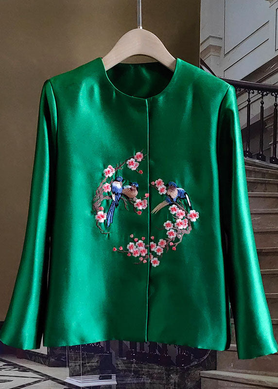 French Green Embroideried Bird Patchwork Silk Coat Spring LY0981 - fabuloryshop