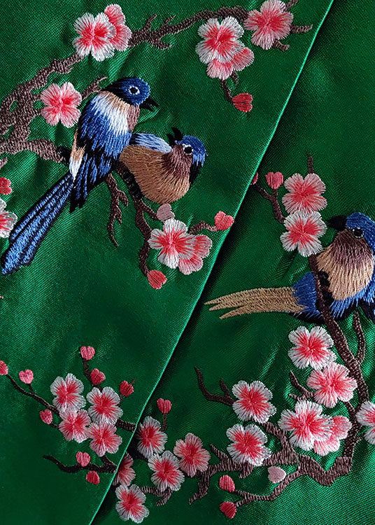 French Green Embroideried Bird Patchwork Silk Coat Spring LY0981 - fabuloryshop