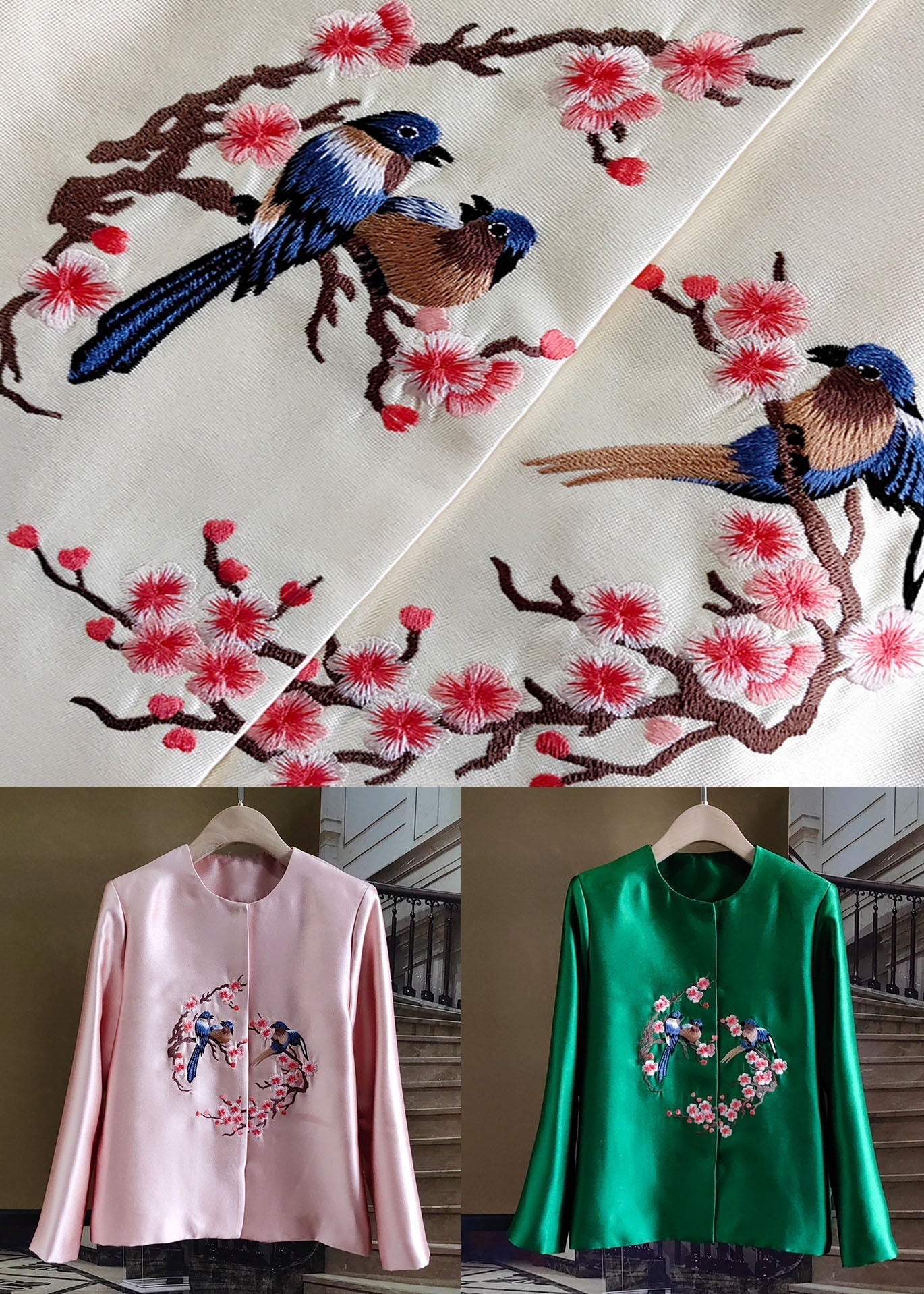 French Green Embroideried Bird Patchwork Silk Coat Spring LY0981 - fabuloryshop