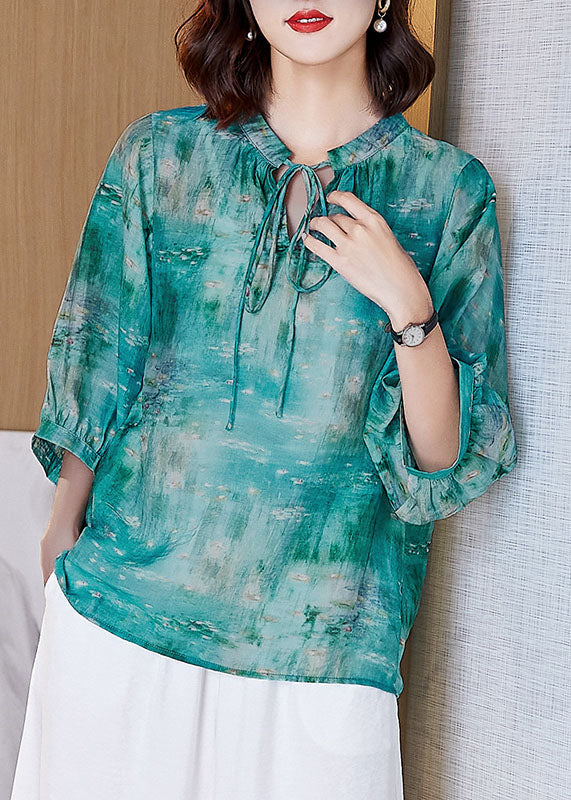 French Green Lace Up Print Patchwork Cotton T Shirt Tops Lantern Sleeve TF1049 - fabuloryshop