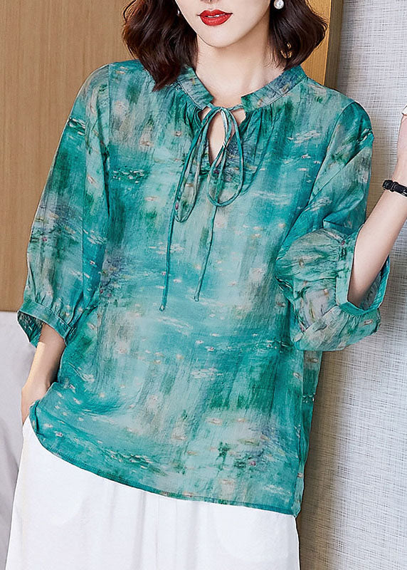 French Green Lace Up Print Patchwork Cotton T Shirt Tops Lantern Sleeve TF1049 - fabuloryshop