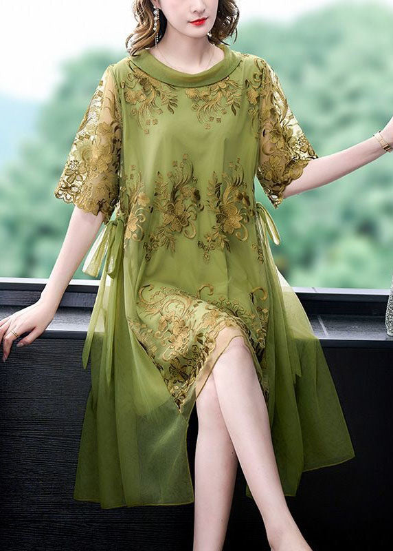 French Green O-Neck Embroideried Tulle Patchwork Silk Dress Summer LY4576 - fabuloryshop