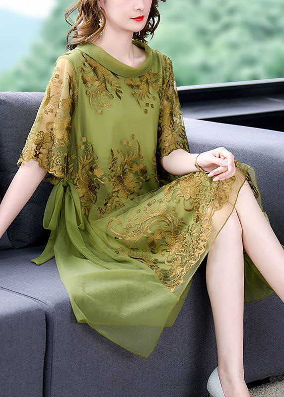 French Green O-Neck Embroideried Tulle Patchwork Silk Dress Summer LY4576 - fabuloryshop