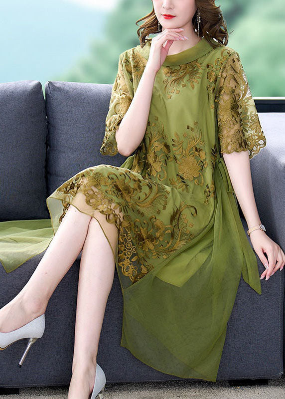 French Green O-Neck Embroideried Tulle Patchwork Silk Dress Summer LY4576 - fabuloryshop