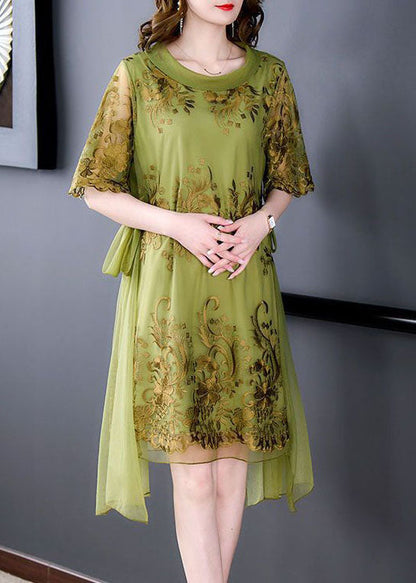 French Green O-Neck Embroideried Tulle Patchwork Silk Dress Summer LY4576 - fabuloryshop