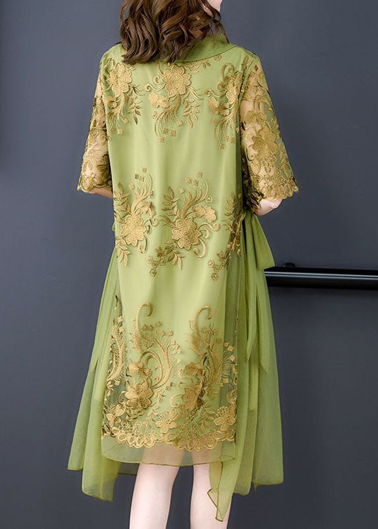 French Green O-Neck Embroideried Tulle Patchwork Silk Dress Summer LY4576 - fabuloryshop