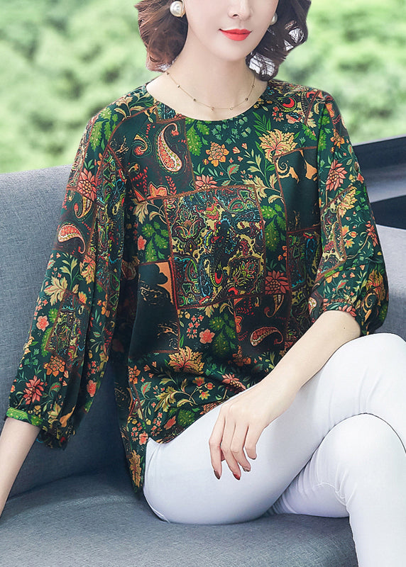 French Green O-Neck Oversized Print Silk Top Bracelet Sleeve LY0992 - fabuloryshop