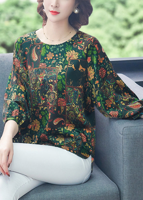 French Green O-Neck Oversized Print Silk Top Bracelet Sleeve LY0992 - fabuloryshop