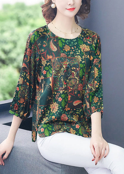 French Green O-Neck Oversized Print Silk Top Bracelet Sleeve LY0992 - fabuloryshop